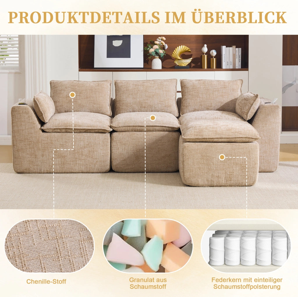 Divano modulare 3 posti con pouf 256x161x75 cm in ciniglia khaki con tasche laterali