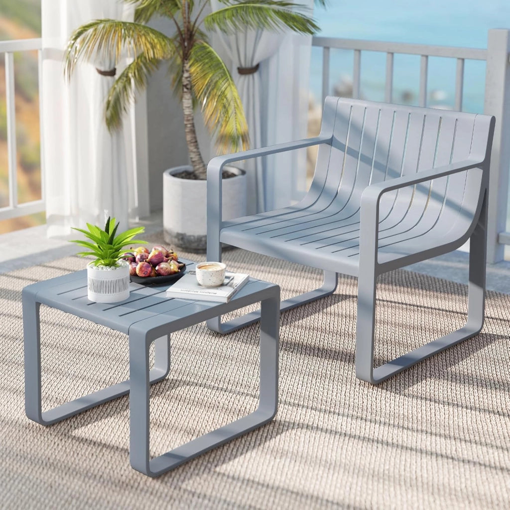 Set di Mobili da Giardino a 2 Pezzi, Poltrona e Tavolino da Giardino, Set da Bistro a Doghe per Patio, Sedia in PP e Tavolino da Caffè Quadrato, Portata 160 kg + 60 kg