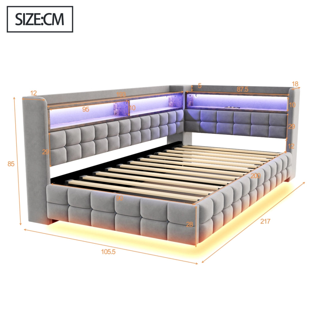 Divano letto imbottito 90x200 cm con contenitore idraulico; LED; USB; presa e mensole in legno; grigio chiaro