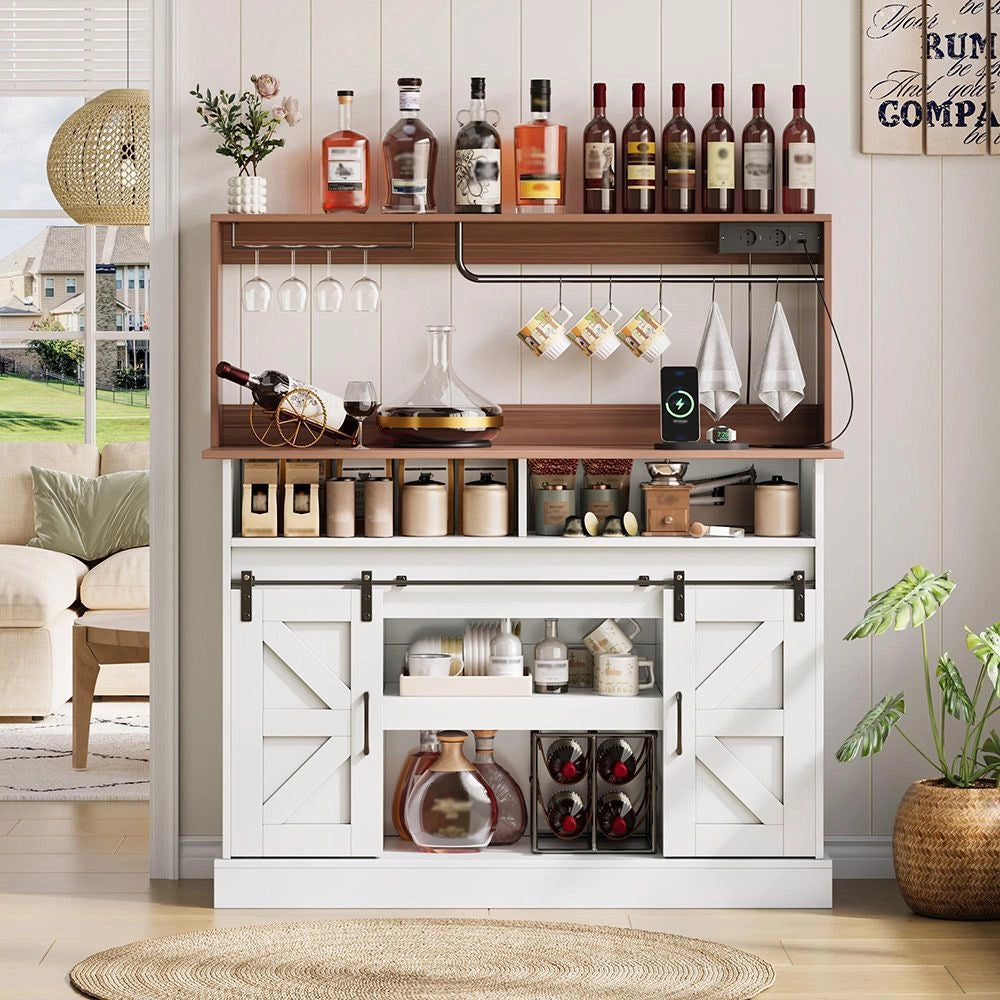 Bar ¨¤ caf¨¦ rustico con porta-bicchieri e prese elettriche - Xylo - 120 cm