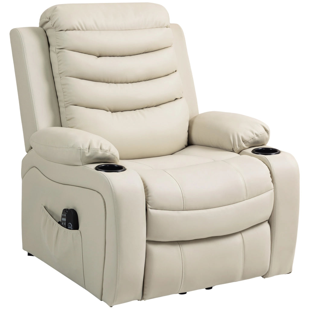 Poltrona Relax Elettrica con Alzapersona, Massaggio, Riscaldamento, USB ¨C zephmum ¨C Creme, Pelle