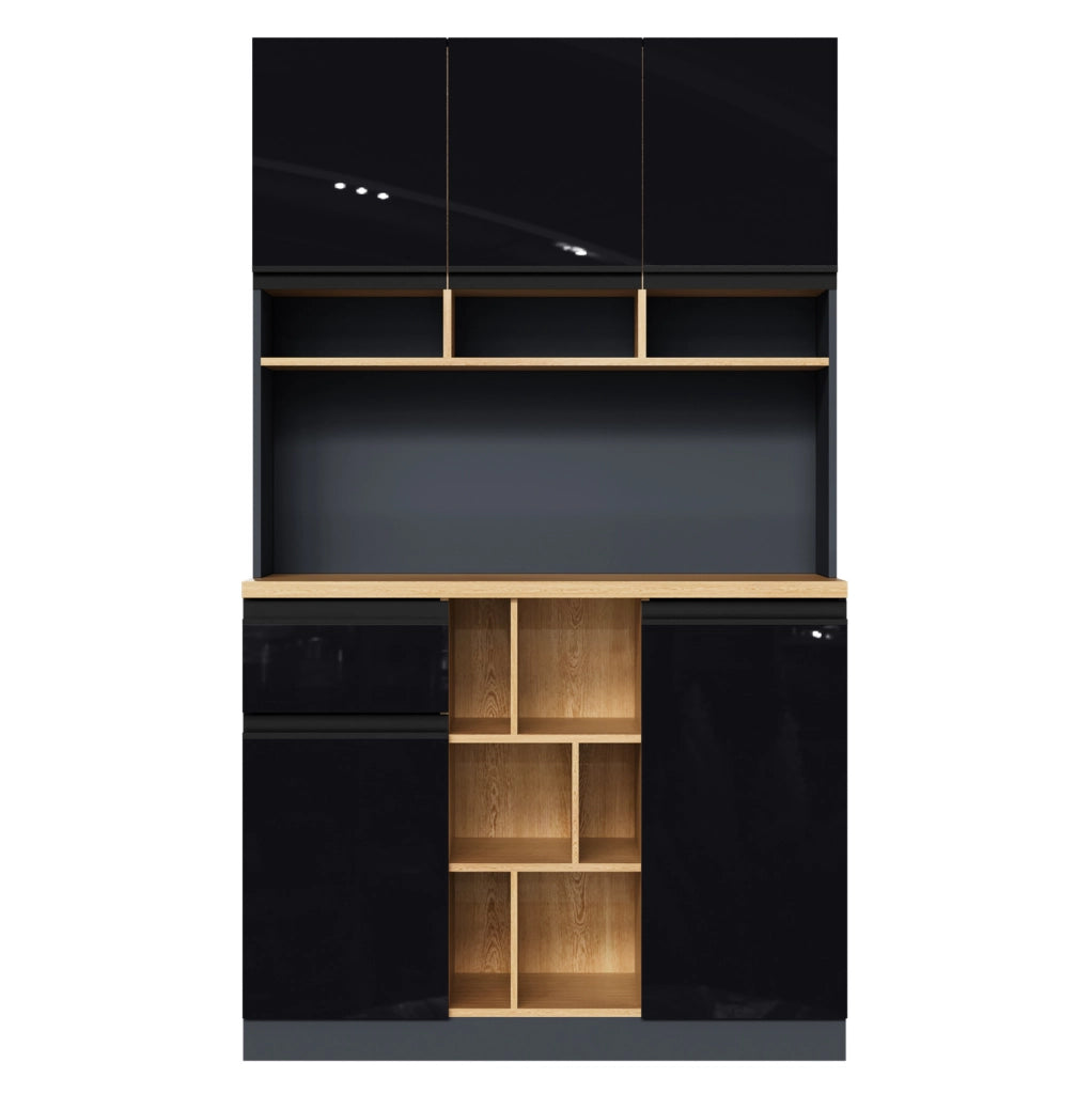 Mobile alto da cucina in MDF nero e naturale con ante, cassetto e ripiani