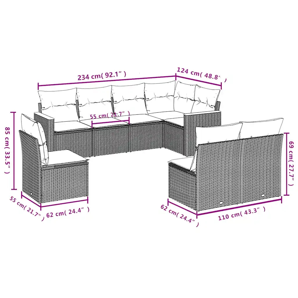 Set Divani da Giardino 8 pz con Cuscini Nero in Polyrattan 3226043