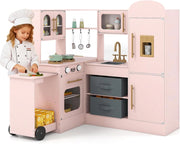 Cucina Giocattolo Angolare in Legno, Set di Cucina Giocattolo per Bambini con Lavabo, Fornelli, Forno, Frigorifero, Macchina del Ghiaccio e Accessori, per Bambini 3 Anni+ (Rosa)