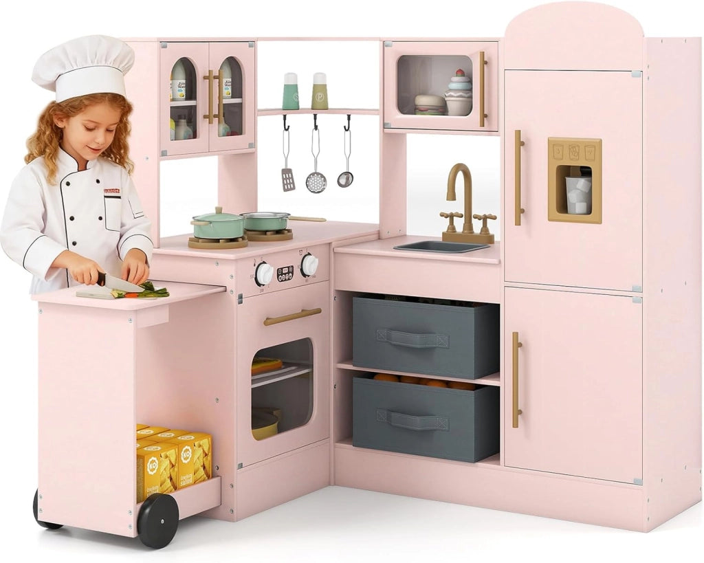 Cucina Giocattolo Angolare in Legno, Set di Cucina Giocattolo per Bambini con Lavabo, Fornelli, Forno, Frigorifero, Macchina del Ghiaccio e Accessori, per Bambini 3 Anni+ (Rosa)