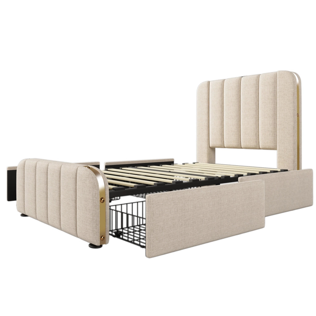 Letto singolo 90x200 cm in lino beige con 4 cassetti; testiera con USB e USB-C