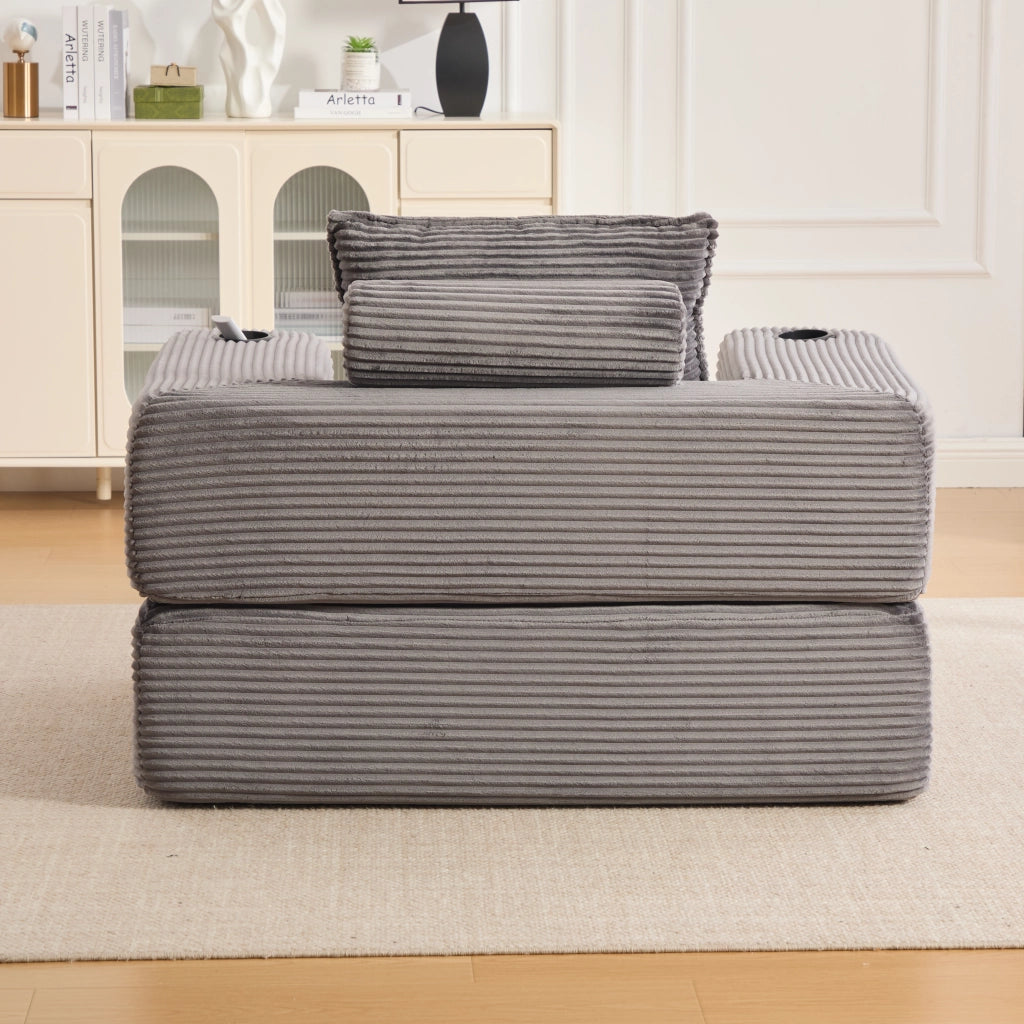 Divano convertibile in corduroy con tasche laterali e portabicchieri schienale in memory foam grigio scuro 122 × 98 × 80 cm