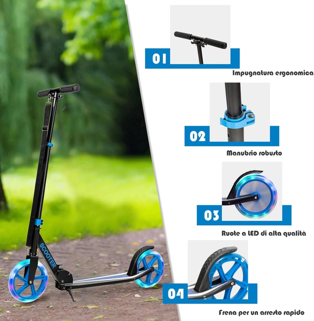 Monopattino Pieghevole con Altezza Regolabile, 2 Ruote Luminose con Freno, Manubrio Regolabile, Pedana Antiscivolo, Tracolla e Cavalletto, Scooter Portata 100kg, 10+ Anni