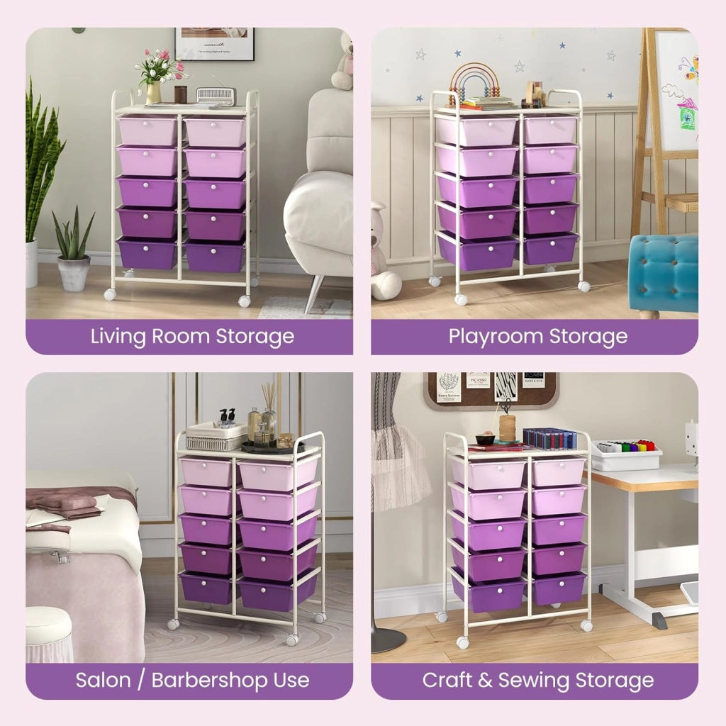 Carrello con 10 cassetti, impilabile, per cassetti, da cucina, bagno, ufficio, 65,5 x 37 x 87 cm (viola)