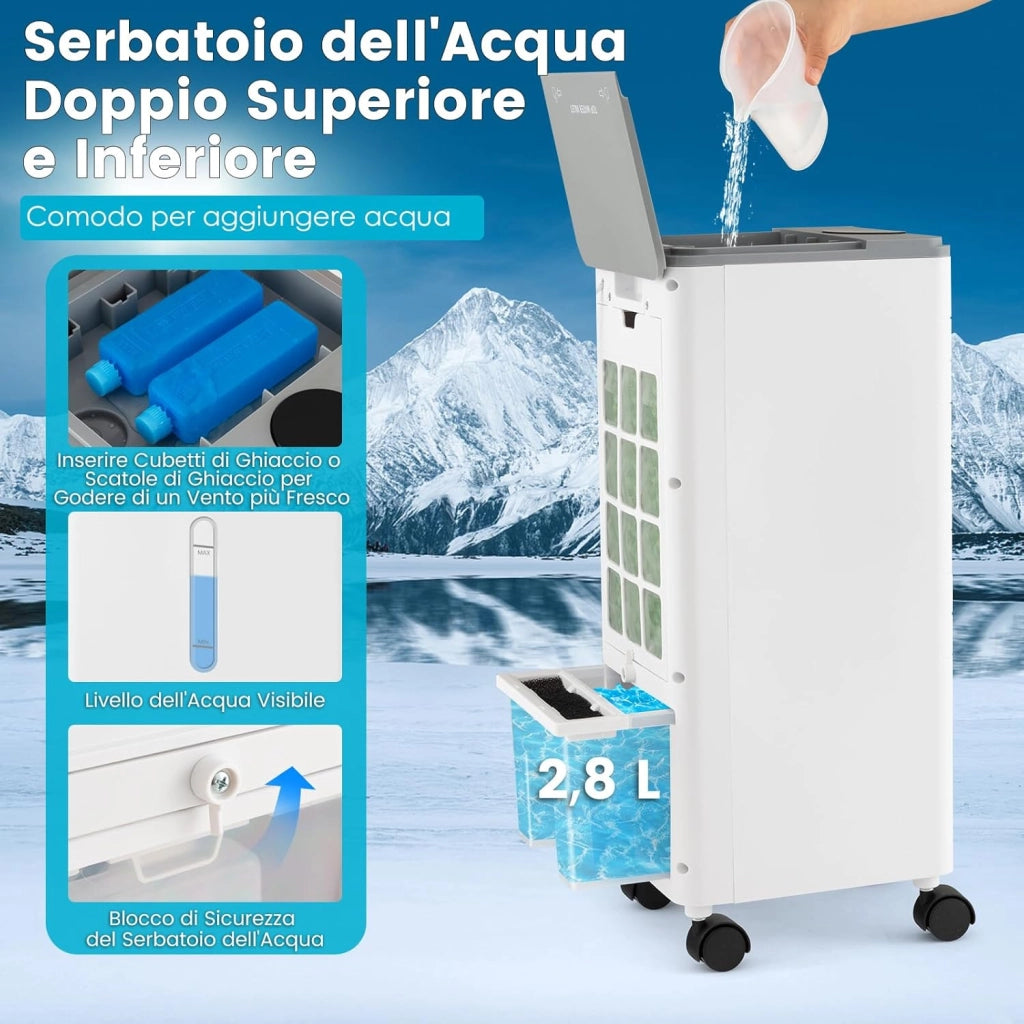 Condizionatore Portatile 3 in 1, Condizionatore d'aria Evaporativo portatile con Raffreddamento, Ventola e Umidificazione, 3 Velocità del Vento, 12H Timer, Doppio Serbatoio d'acqua(Grigio)