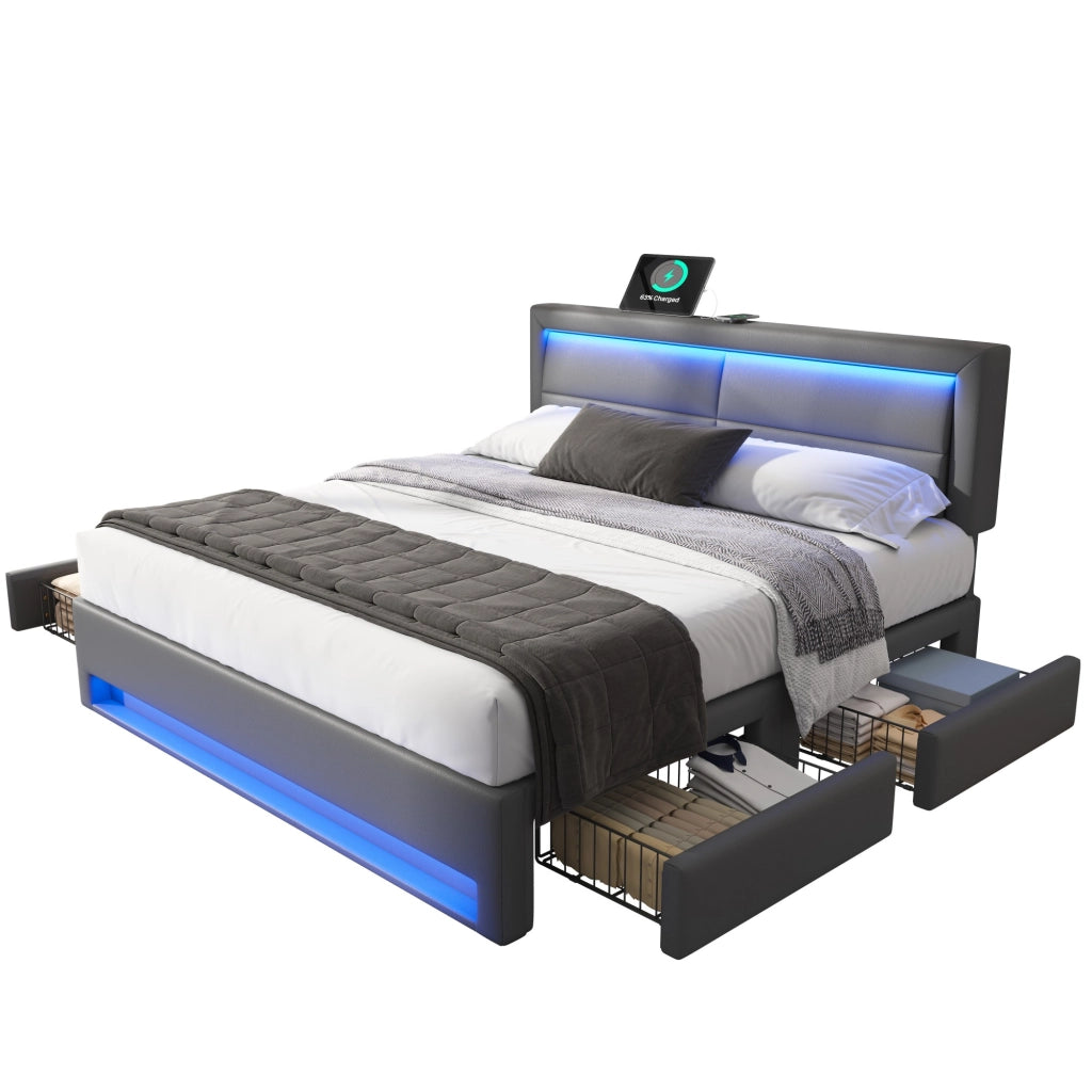 OKWISH Letto con Cassetti 140×190 cm, Letto Matrimoniale con USB, Ricarica Wireless, LED Regolabile e 4 Cassetti, senza Materasso, PU, Grigio