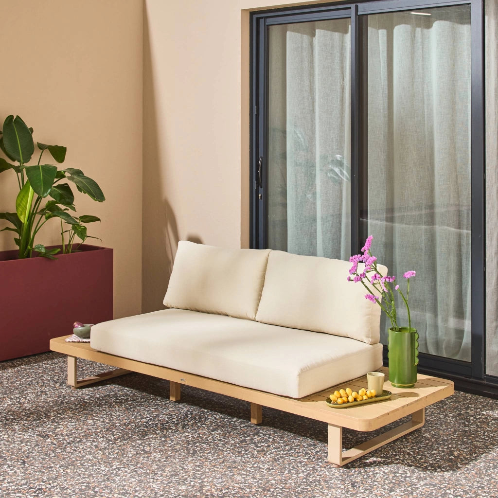Panca da giardino in legno di acacia e alluminio, 2 posti, beige