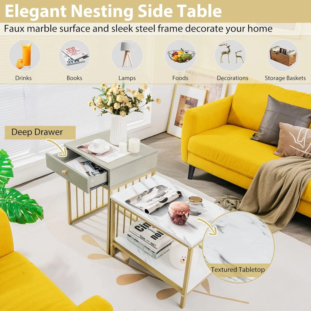 Set di 2 Tavolini con Cassetti, Tavolo da Soggiorno Annidabile, Comodino in Metallo Dorato, Tavolino da Caffè dal Design Elegente e Moderno, Ideale per Soggiorno, Camera da Letto