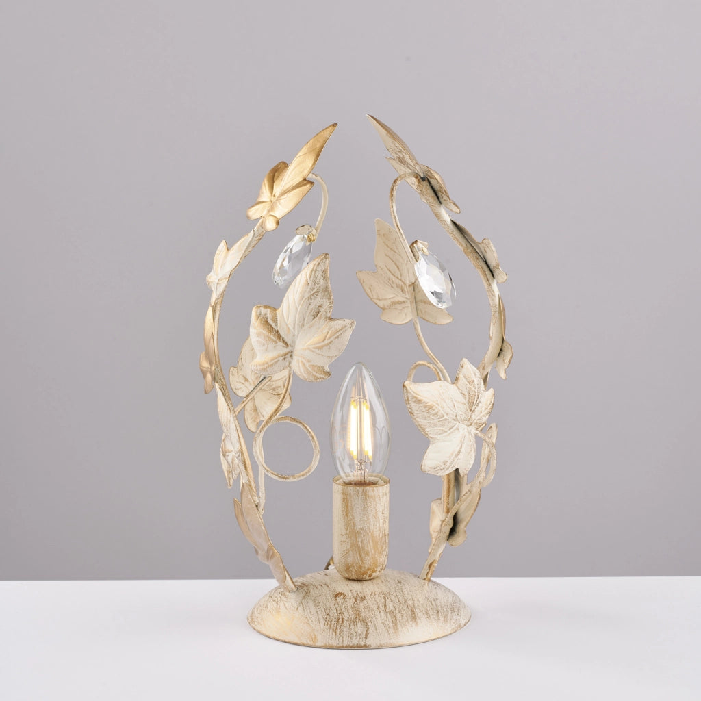 Lumetto Shabby Edera 1 Luce Ferro Battuto Avorio E Oro Con Foglie E Cristalli