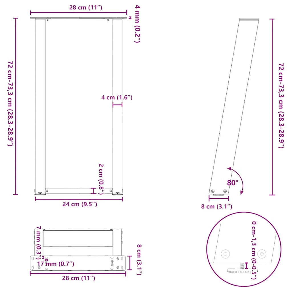 Set di 2 gambe per tavolo consolle angolate moderne con piedini livellatori 28 x 72 x 73 cm acciaio nero 02_0057059