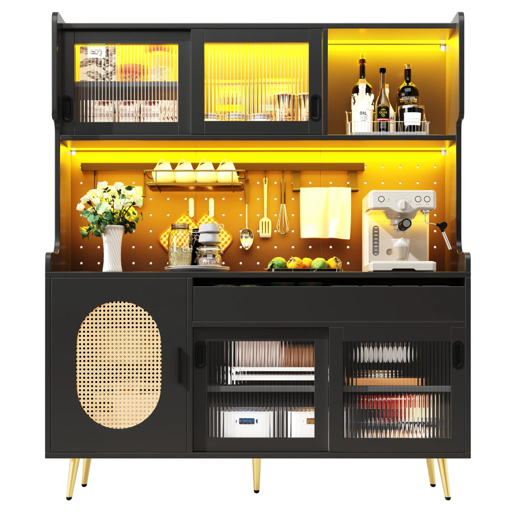 Credenza da Cucina con 5 Ante; LED e Pannello Forato; per Cucina in MDF; 145 x 39 x 171 cm; Nero