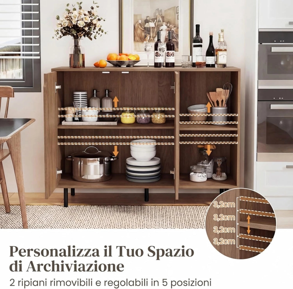 Credenza Cucina e Buffet in Legno, Mobile Dispensa con 2 Ante, 2 Scomparti Aperti a Ripiani Regolabili e Gambe in Metallo, per Sala da Pranzo, 106 x 38 x 80 cm (Nero) (Naturale)