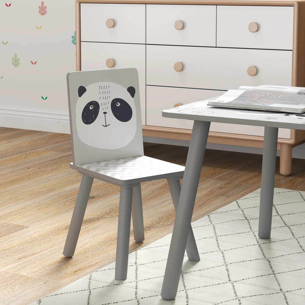 Set Tavolino e 2 Sedie per Bambini Panda in MDF e Legno di Pino Grigio