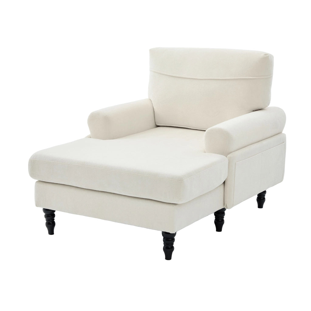 Poltrona Relax Con Tasche Laterali Seduta Extra Larga Schienale Avvolgente Piedi In Legno Massello in Ciniglia Beige