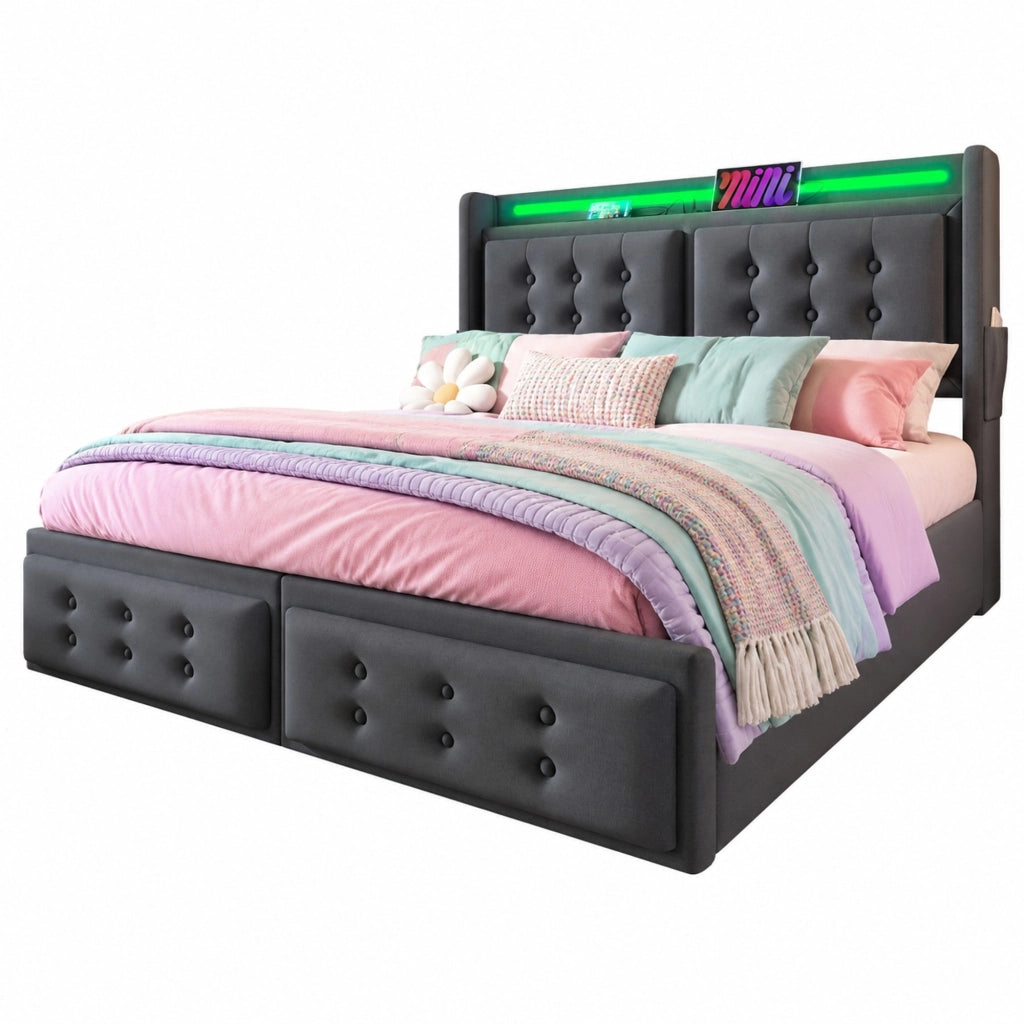 Letto matrimoniale 140x200 con LED, porte di ricarica USB-C, 4 cassetti e struttura in legno/metallo