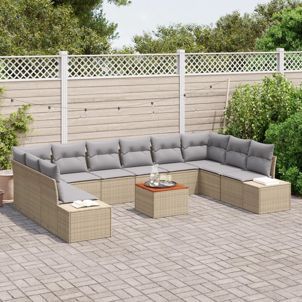Set Divani da Giardino 11 Pezzi con Cuscini Beige Rattan Sintetico Acacia