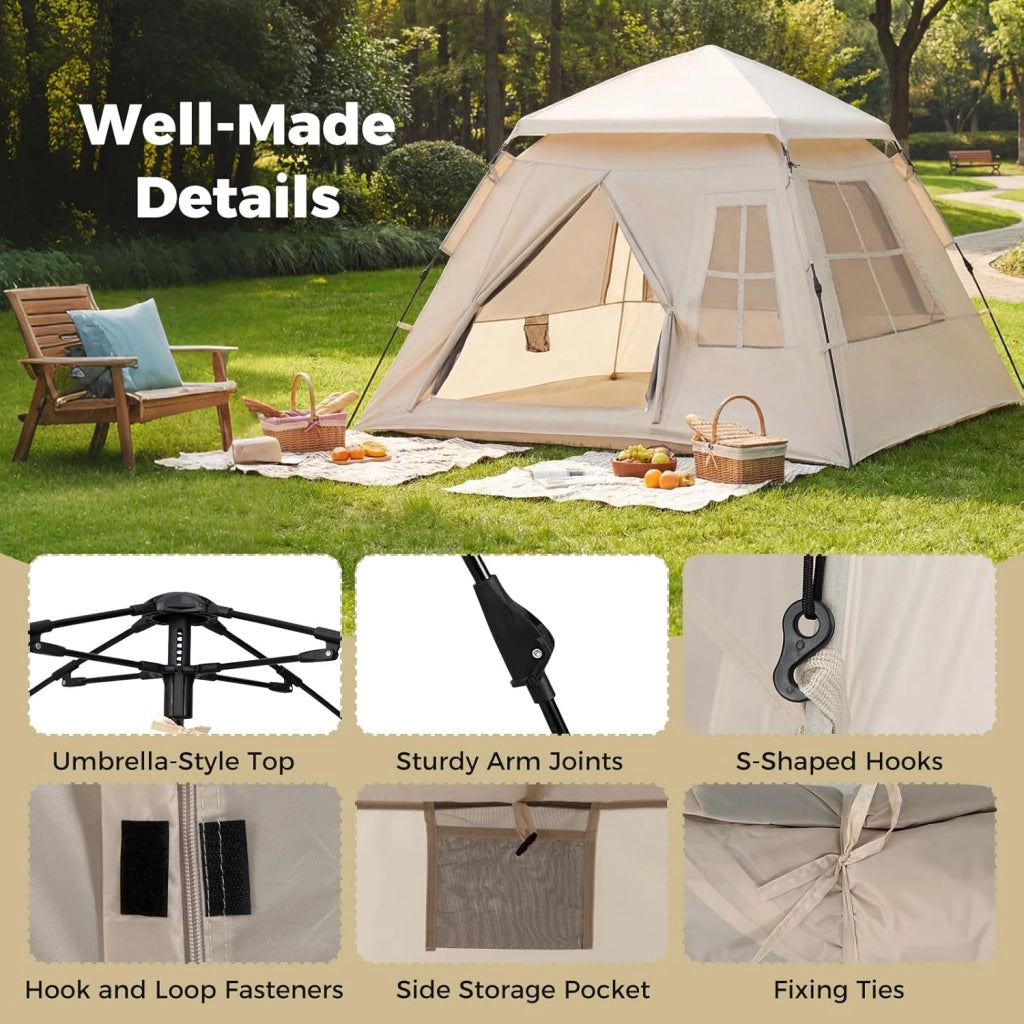 Tenda da Campeggio 3-4 Persone, Tenda Familiare con 4 Finestre Antizanzare Traspiranti e 2 Porte, Telo Antipioggia Rimovibile e Protezione Solare, Facile da Montare