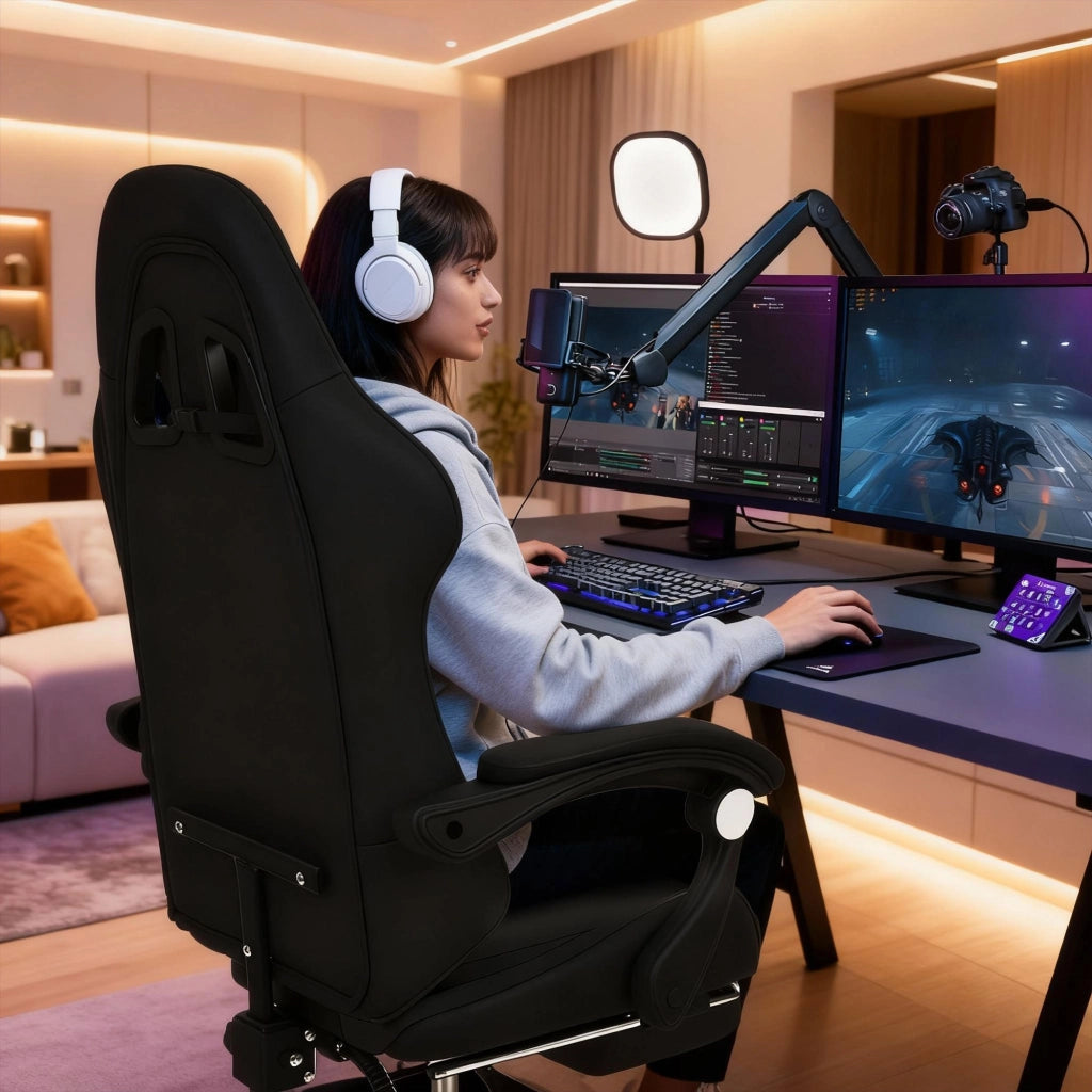 Clutch - Sedia da Gaming Ergonomica con Cuscino Lombare Poggiatesta e Poggiapiedi in PVC Nera