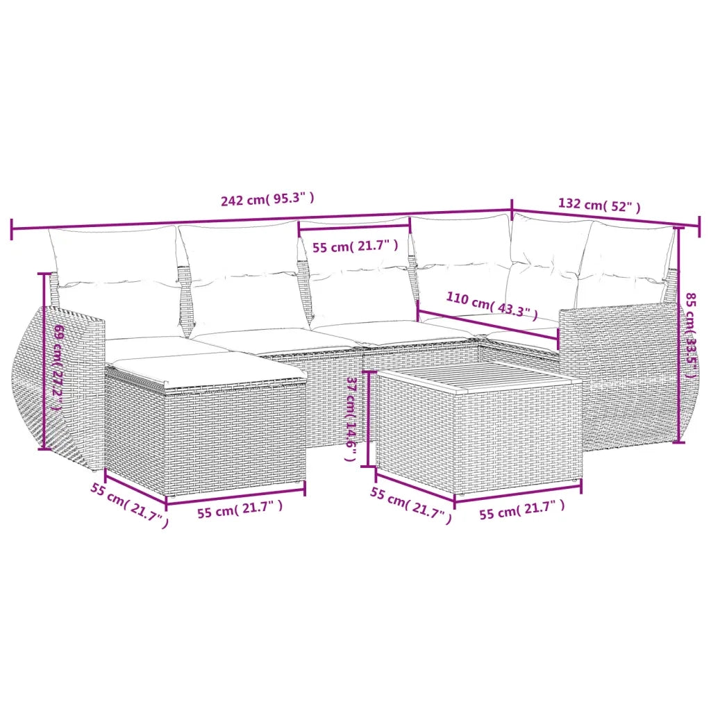 Set Divani da Giardino 7 pz con Cuscini Beige in Polyrattan