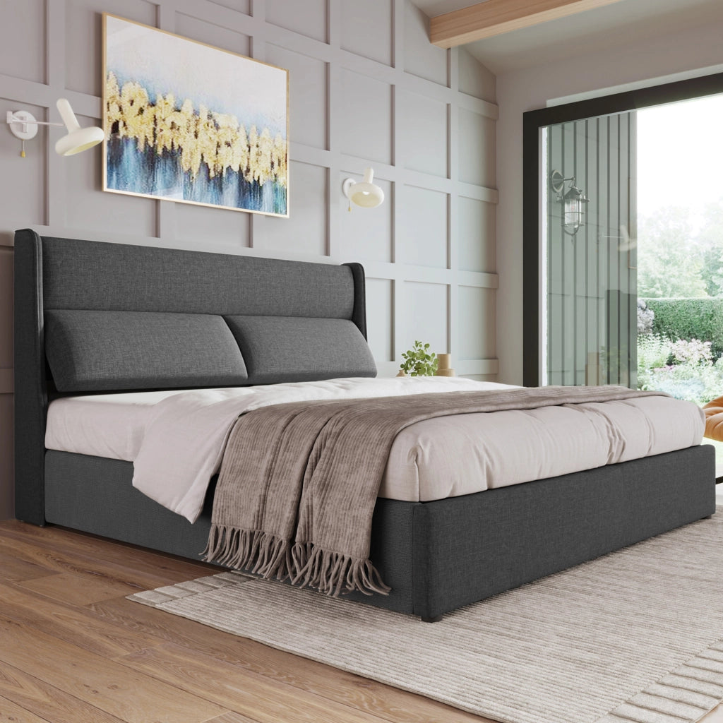 Letto matrimoniale imbottito 140x200 cm grigio con testiera regolabile, contenitore idraulico e materasso