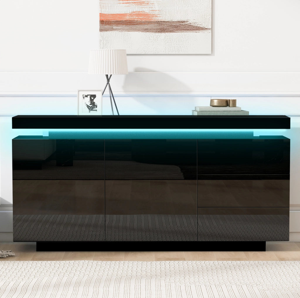 Credenza 140x35x72.5 cm con LED; 2 ante e 3 cassetti; pannello truciolare nero