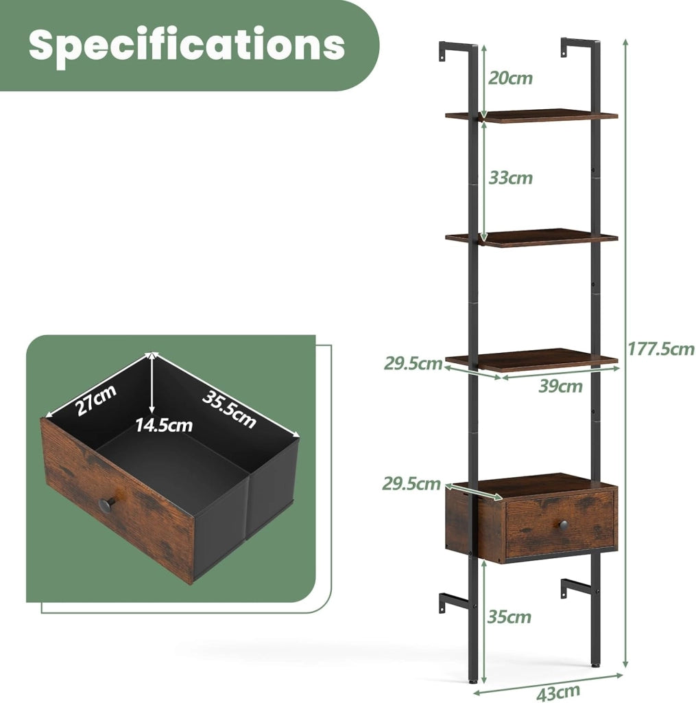 Scaffalatura Rustica a 4 Ripiani, 43 x 29,5 x 177,5 cm, con Telaio in Metallo, Sistema Anti-Ribaltamento e Cassetti, per Soggiorno e Ufficio, Marrone