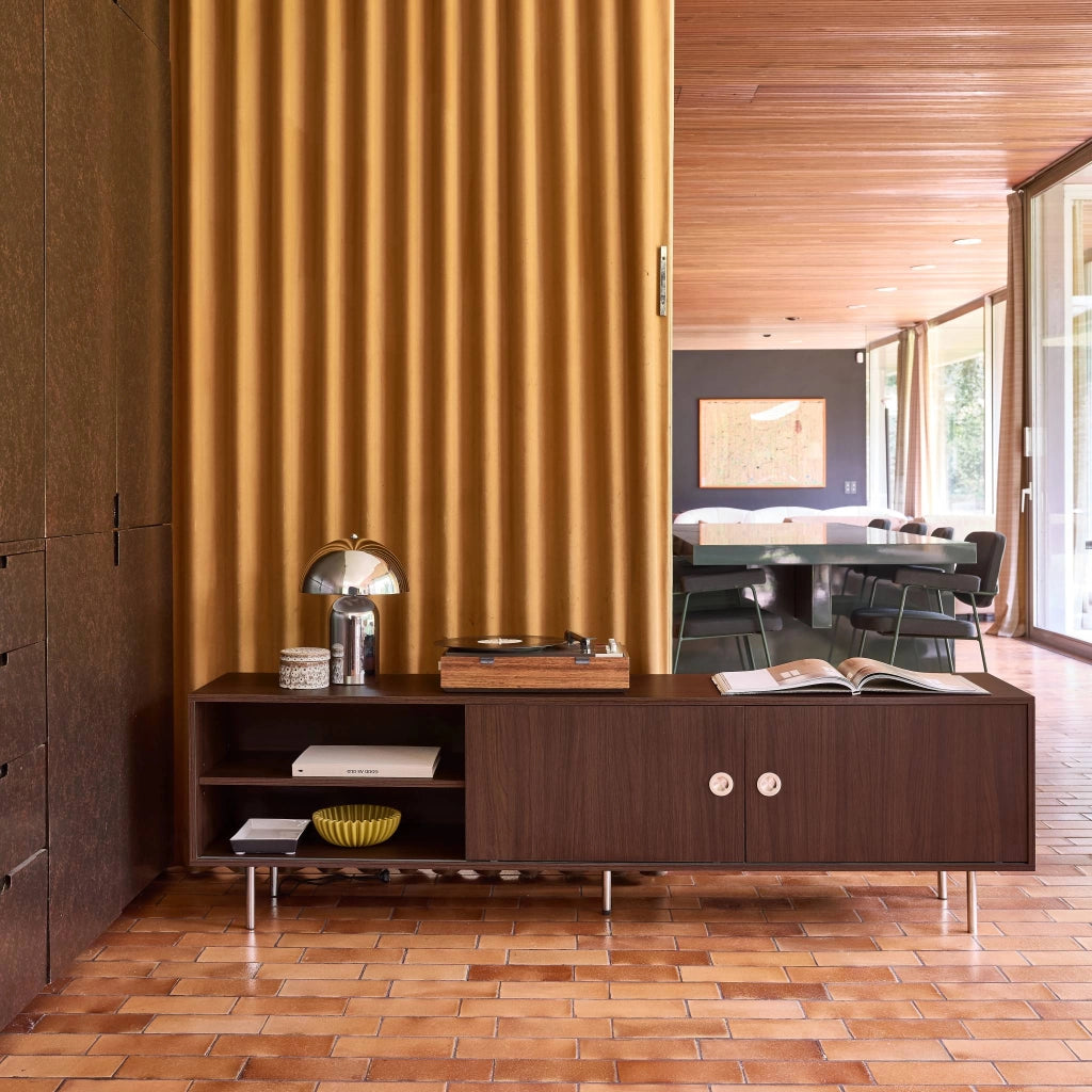 Mobile tv vintage in legno e acciaio inossidabile 2 ante, 180cm, noce