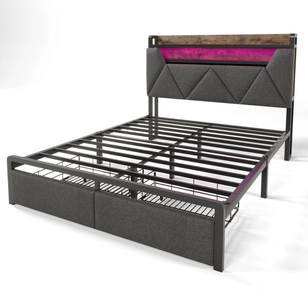 Letto matrimoniale ULEVR 160x200 cm con testiera contenitore, LED, USB e Type-C, 2 cassetti, grigio