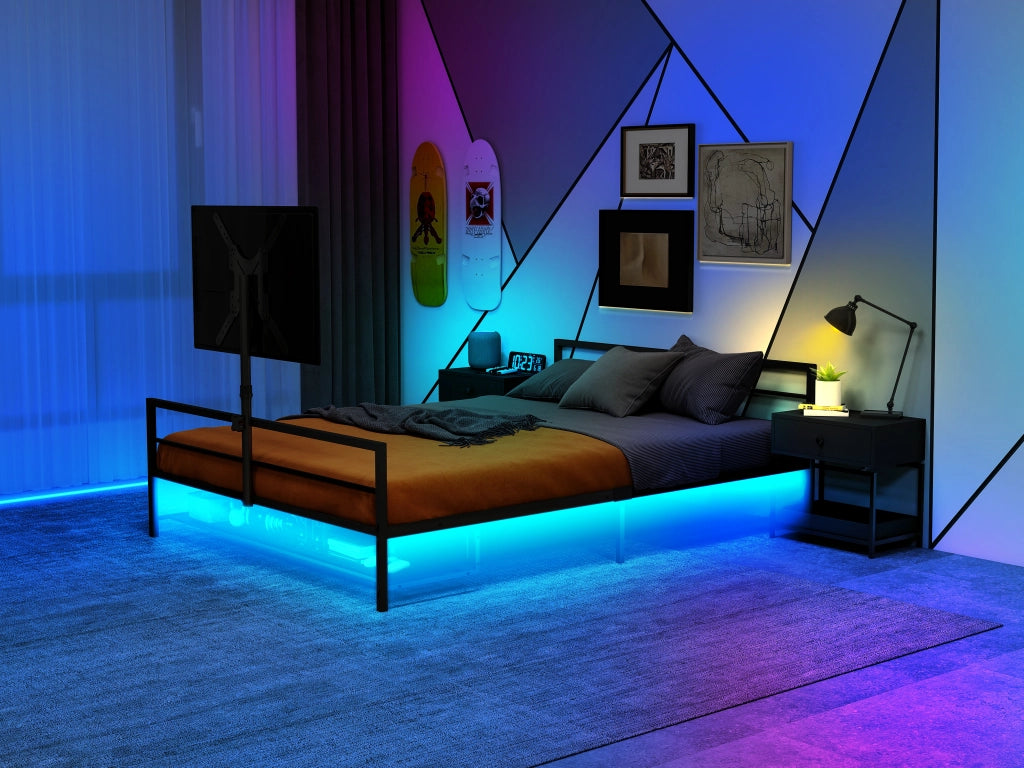 Letto gaming in metallo nero 206 cm con supporto LED e cestelli contenitori
