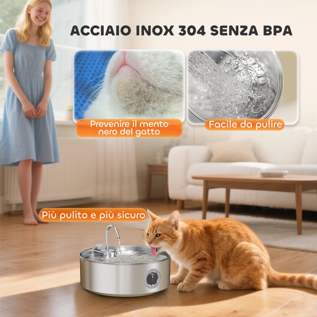 Fontanella per Gatti 30,5x31,2x19,3 cm Capacità 7L con Luce LED e Tripla Filtrazione in Acciaio Inox 304 Argento