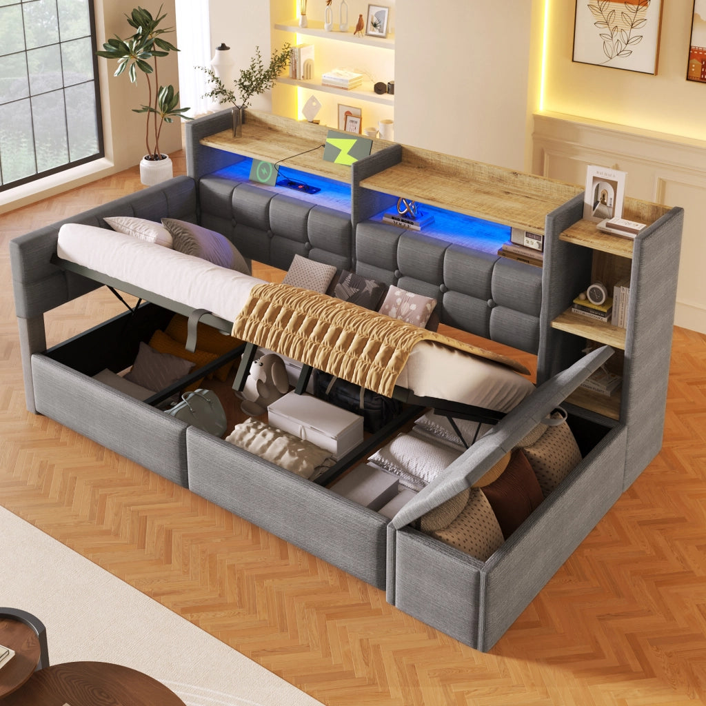 Daybed in velluto 90x200 cm con accumulo idraulico LED e USB-C - Grigio scuro
