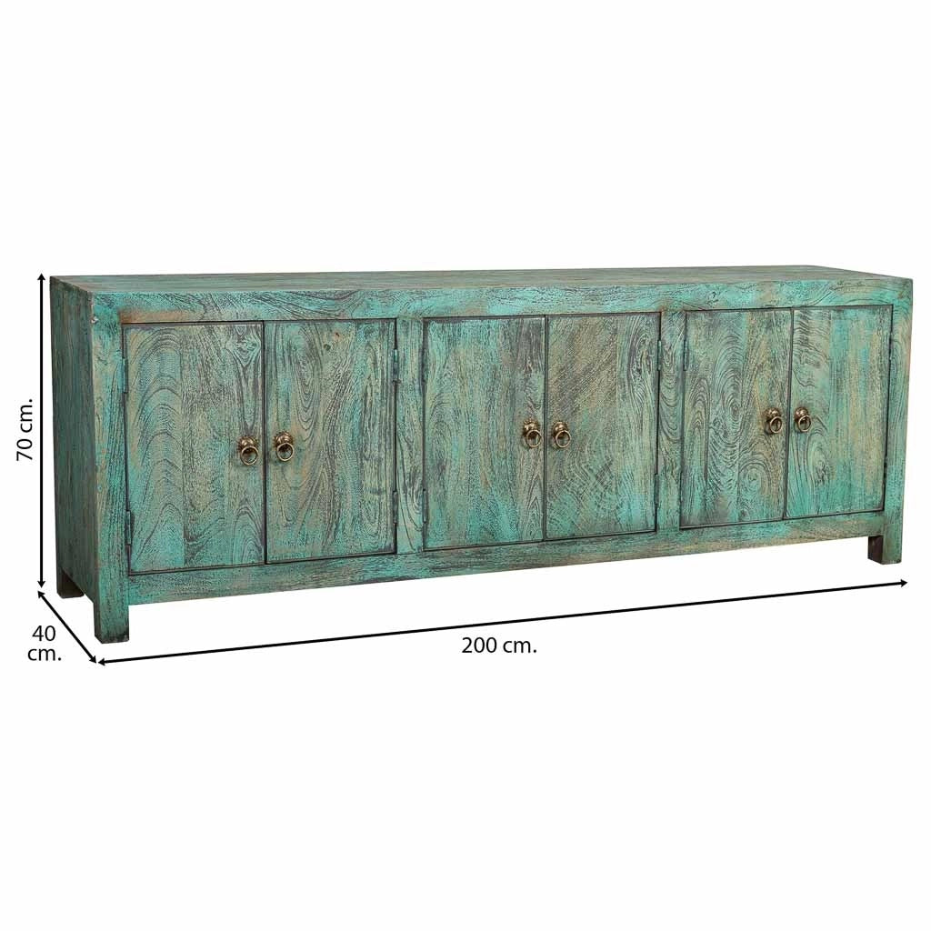 Credenza a 6 ante in legno con finitura verde anticato, cm 200x40x70h