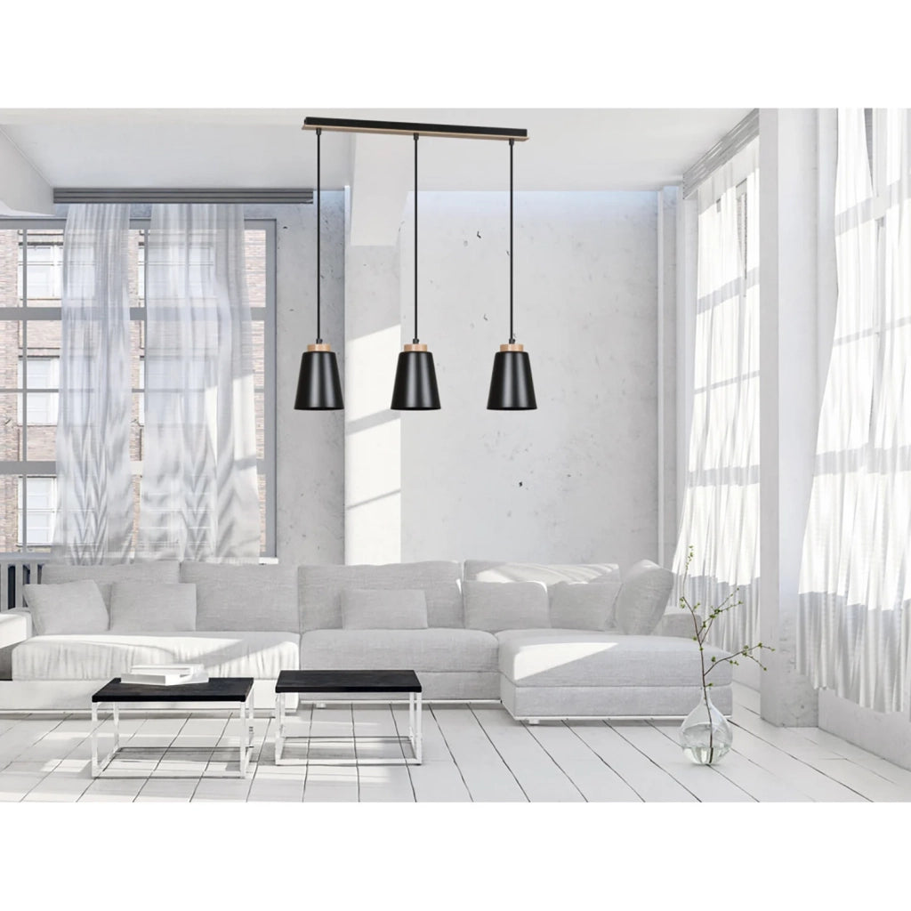 Lampadario 3 Luci Lancillotto Con Paralumi A Cono In Acciaio Nero E Legno Naturale