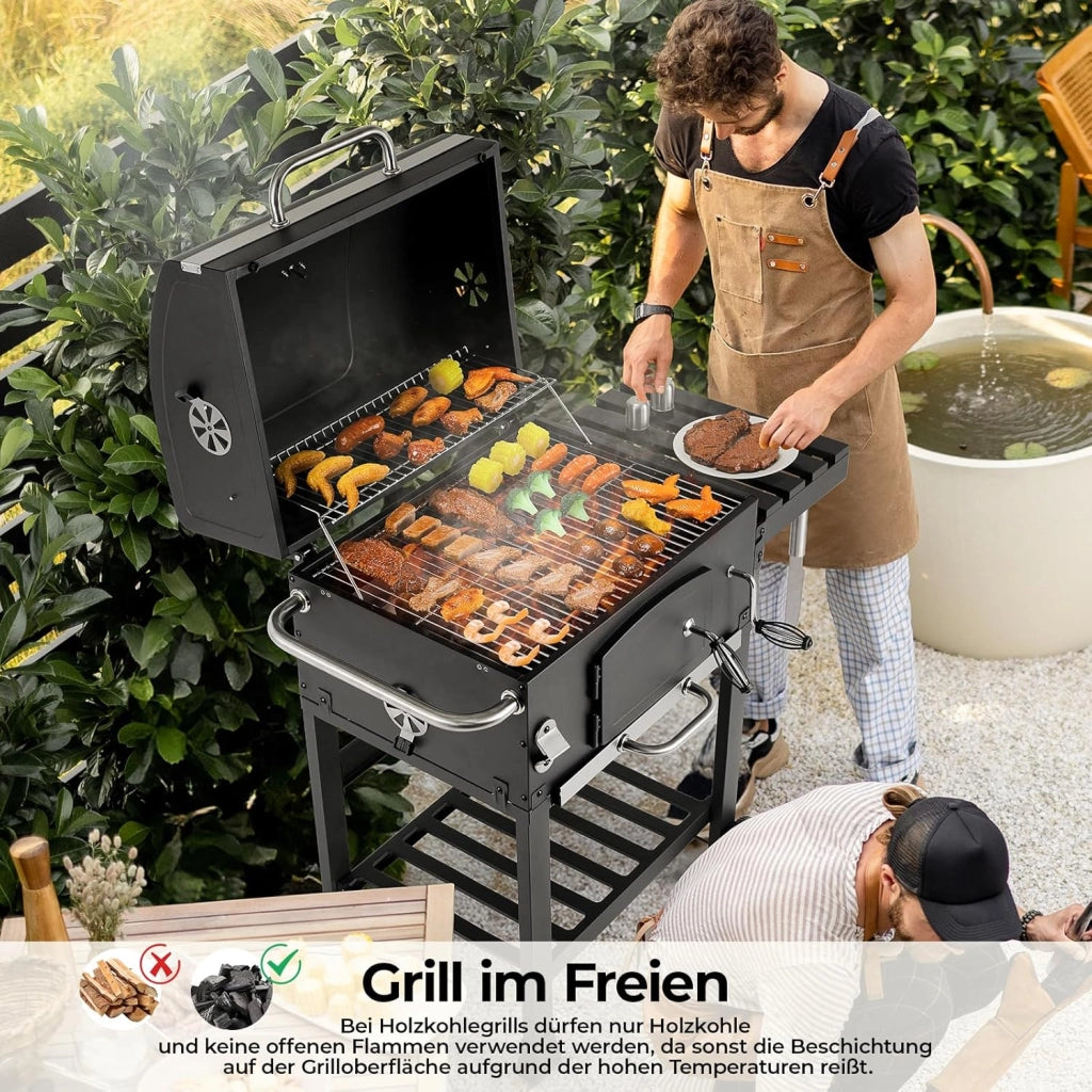 Barbecue Carbonella XL, Barbecue a Carbonella con Coperchio, Griglia per Barbecue con 2PCS Ruote, Termometro, Grande BBQ Smoker con Carrello per Campeggio, Giardino
