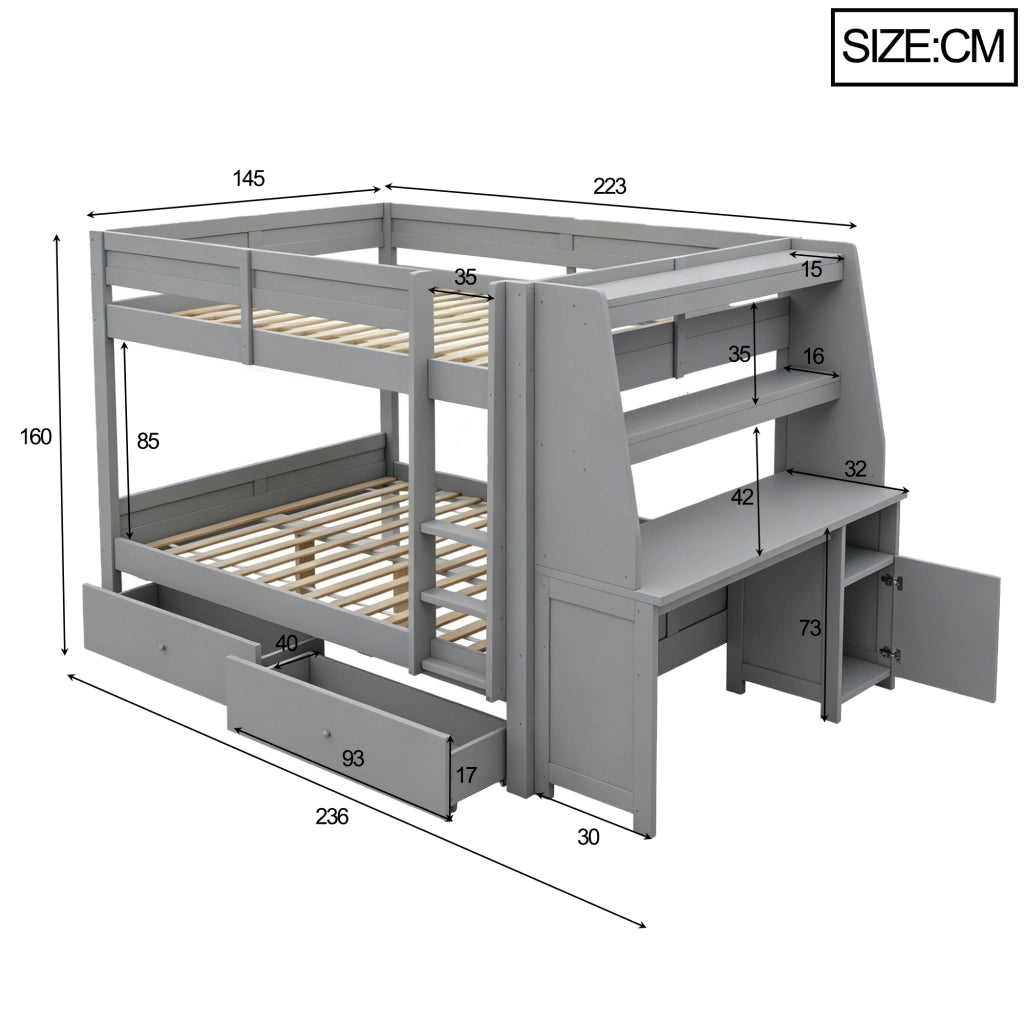 Letto a castello matrimoniale 140×200 cm con scrivania; ripiani; 2 cassetti e scala; senza materasso; legno; grigio