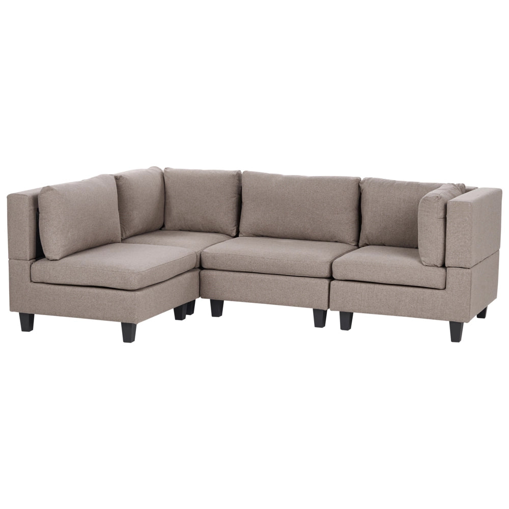 Divano componibile 4 posti imbottito in tessuto marrone gambe nere schienale imbottito lato destro stile moderno