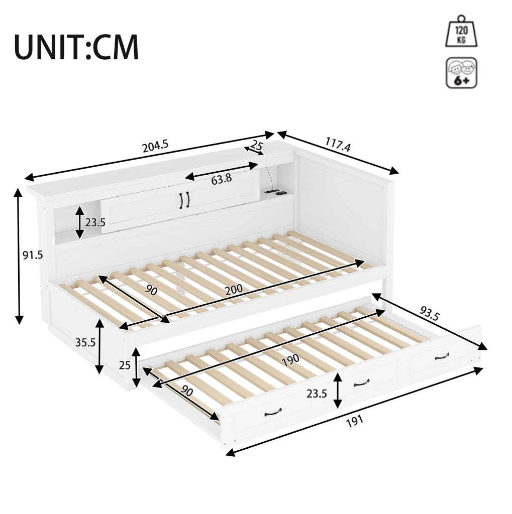 Divano letto estraibile 90x200 cm con LED; prese e USB; contenitore laterale; bianco