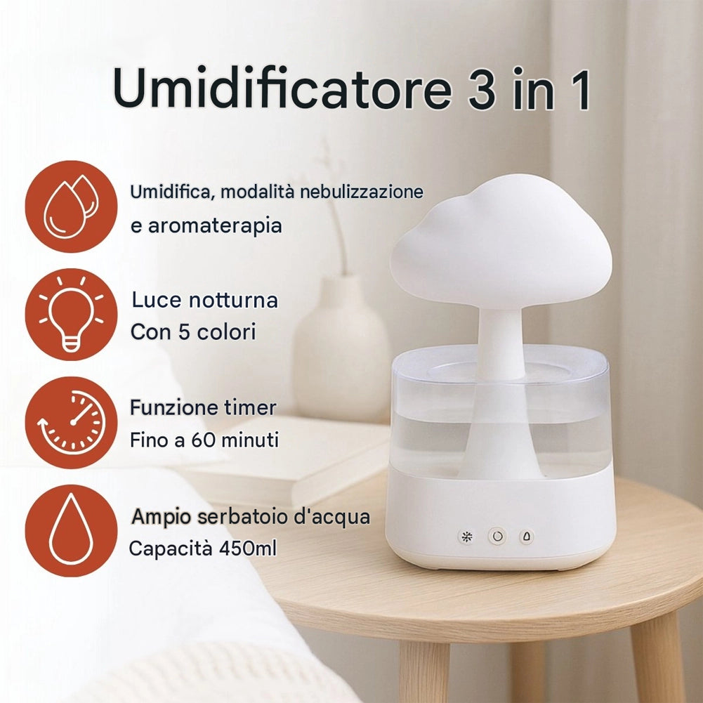 Umidificatore Ambiente Diffusore di Aromi Oli Essenziali e LED Funzione Pioggia