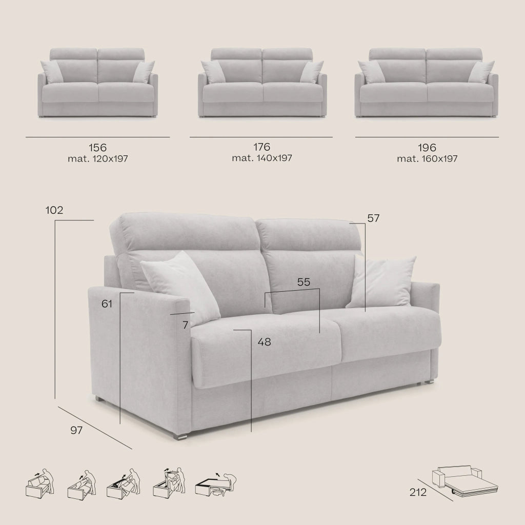 Margot Divano letto matrimoniale con schienale morbido alto in tessuto T02 156 cm (mat.120x197) grigio