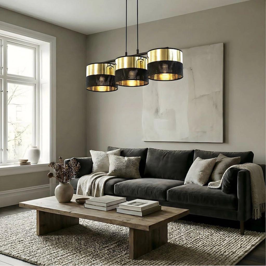 Lampada a sospensione Lux in acciaio nero e oro