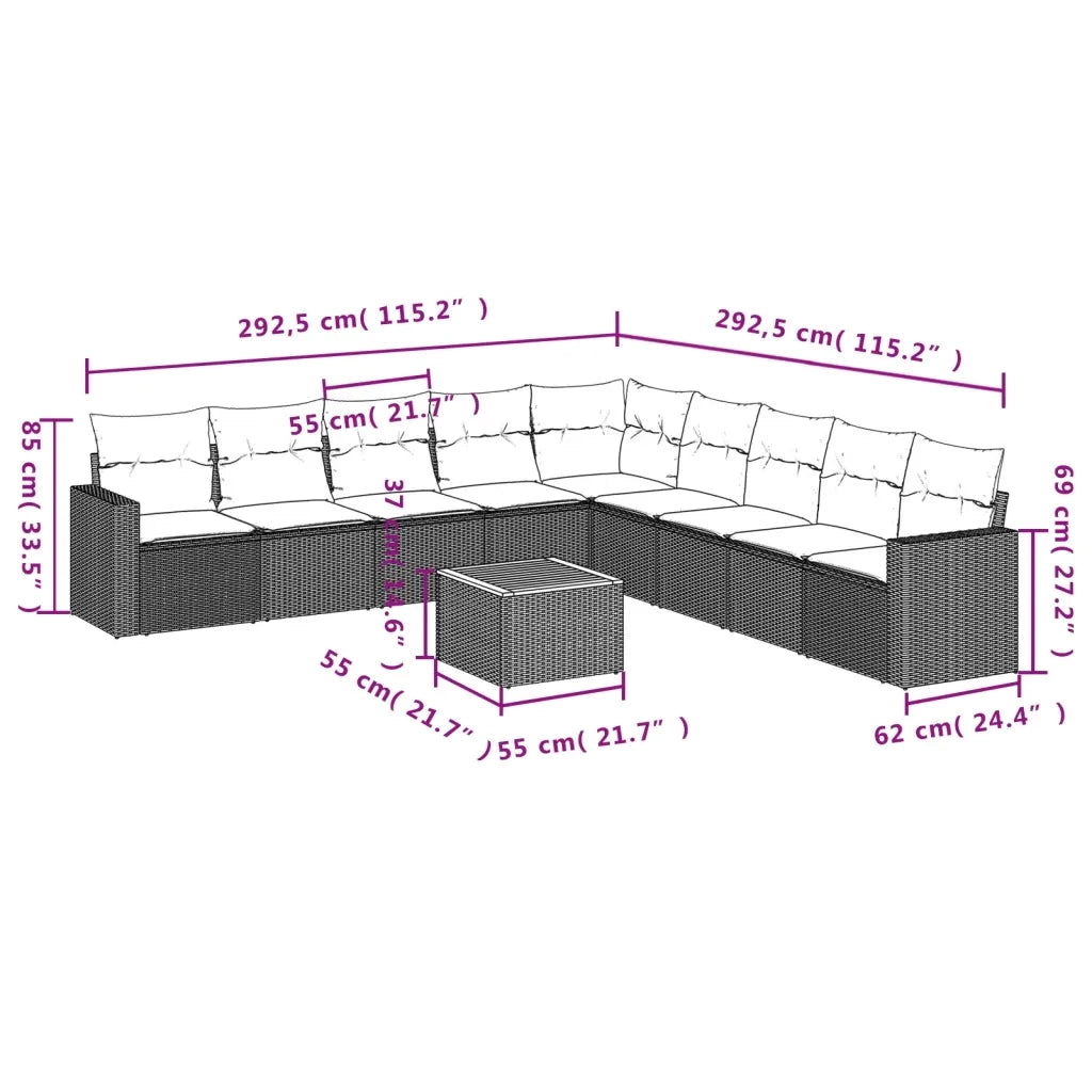 Set Divano da Giardino 10 pz con Cuscini Beige in Polyrattan