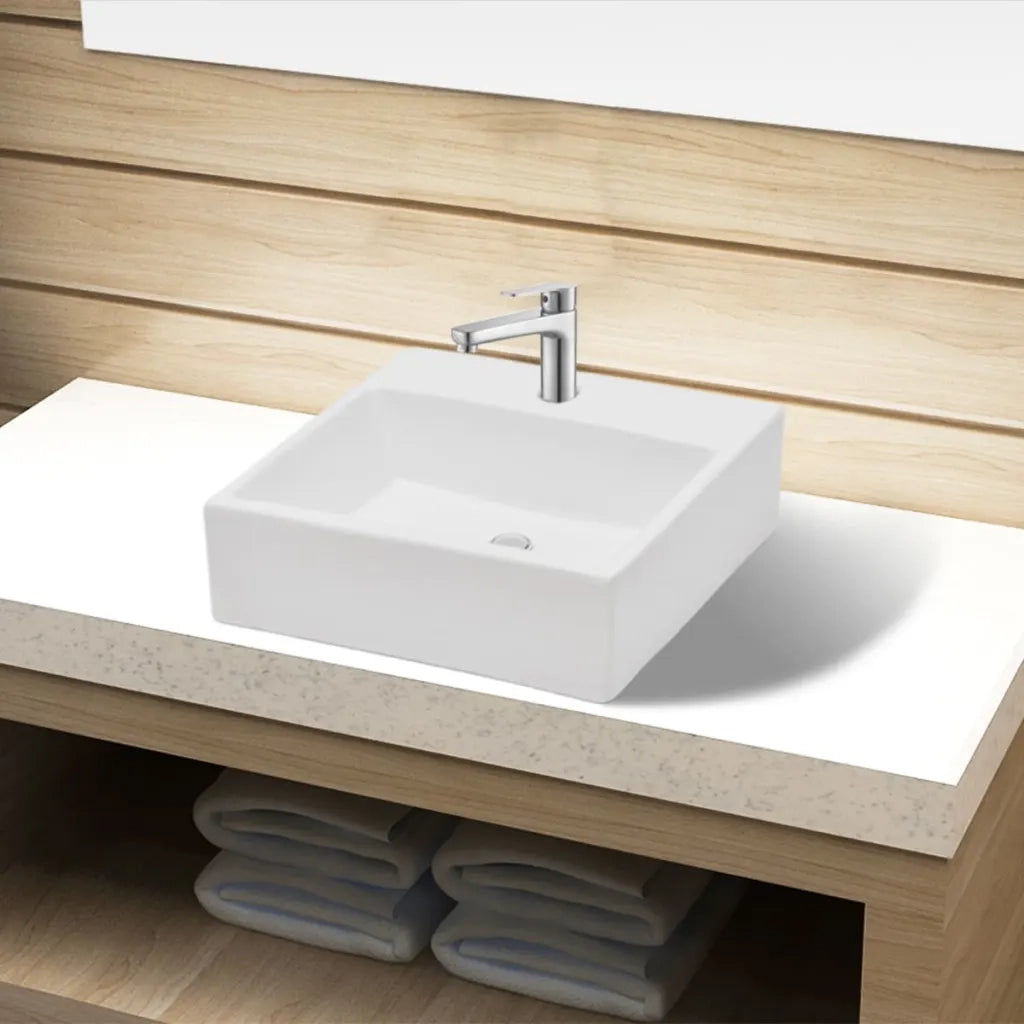 Lavandino Bagno in Ceramica Bianca Quadrato con Foro Rubinetto 141940
