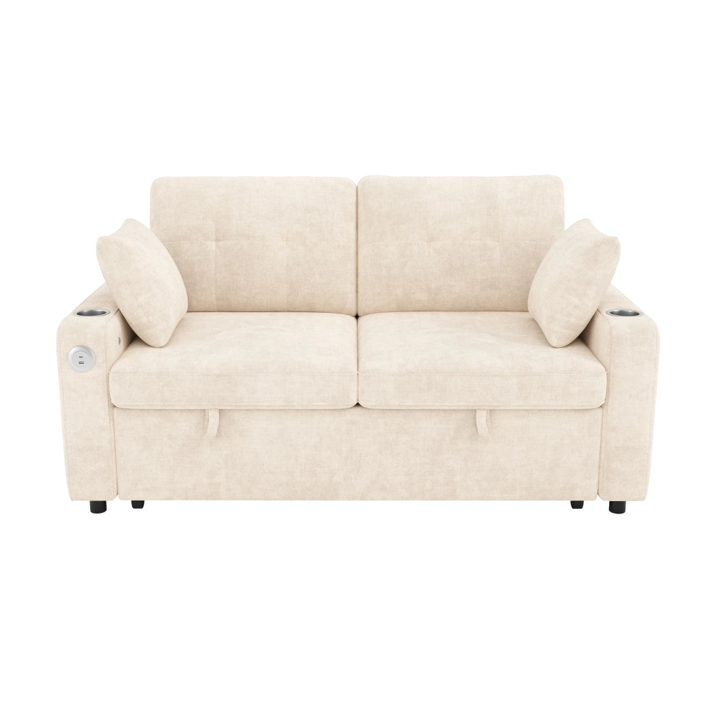 Divano letto 2 posti estraibile 141;5x131x83;5 cm in chenille beige con LED e USB/Type-C
