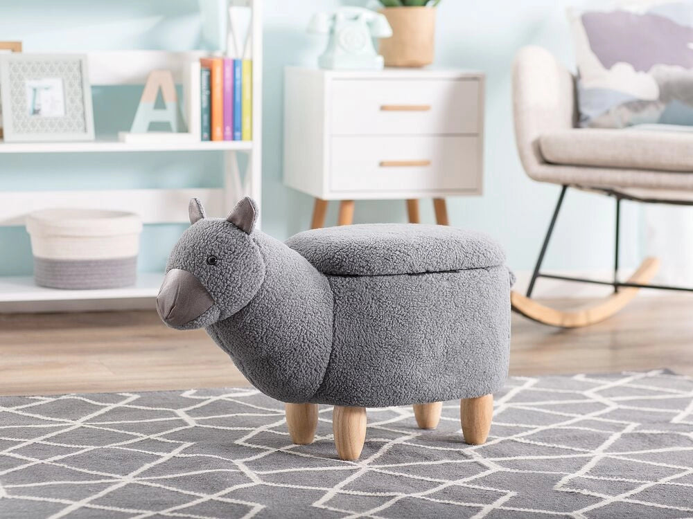 Sgabello per bambini Animale Alpaca Tessuto in poliestere grigio Gambe in legno imbottite contenitore Poggiapiedi per asilo nido