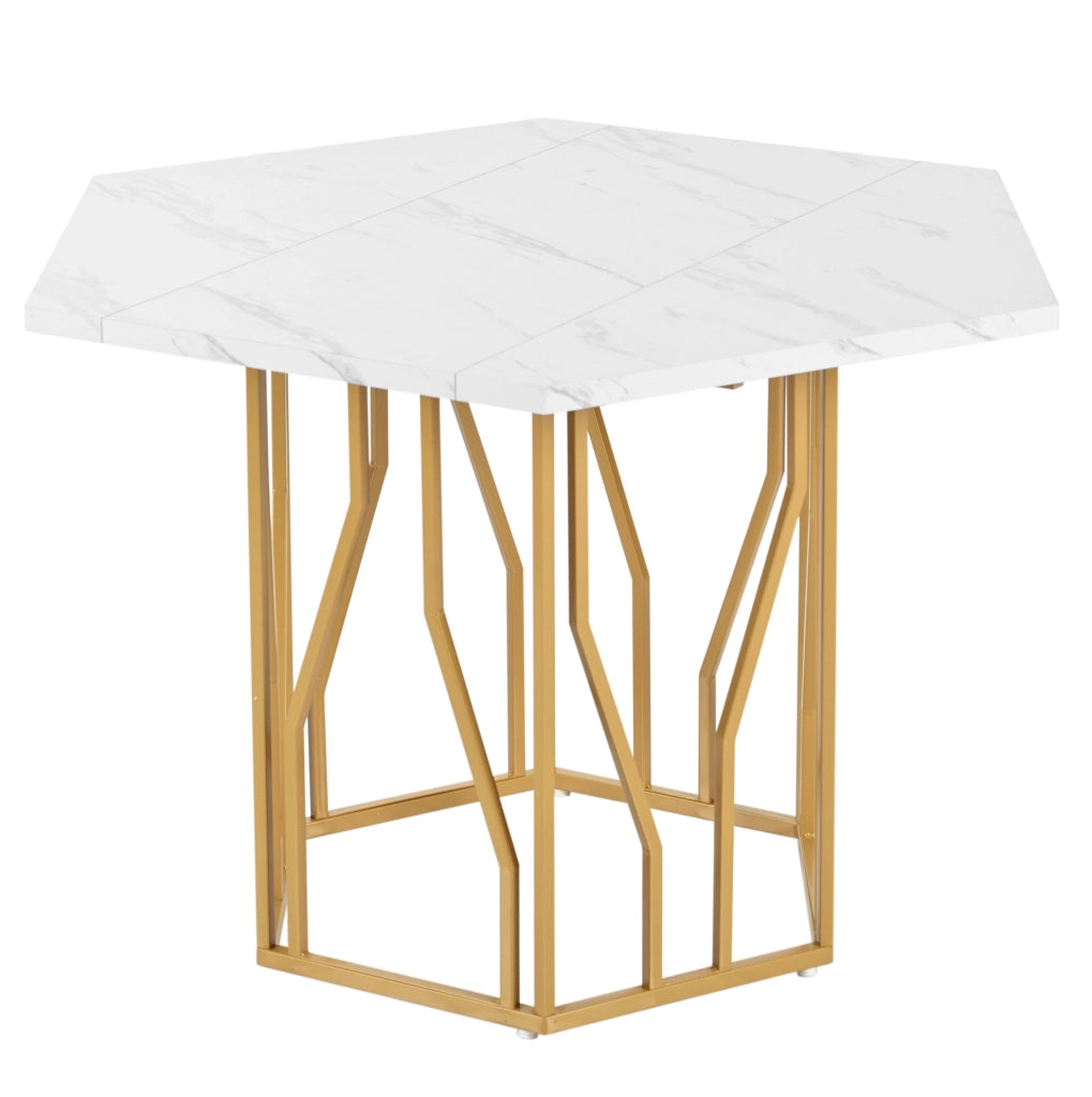 Tavolo da pranzo esagonale con piano effetto marmo in MDF e metallo; dorato e grigio